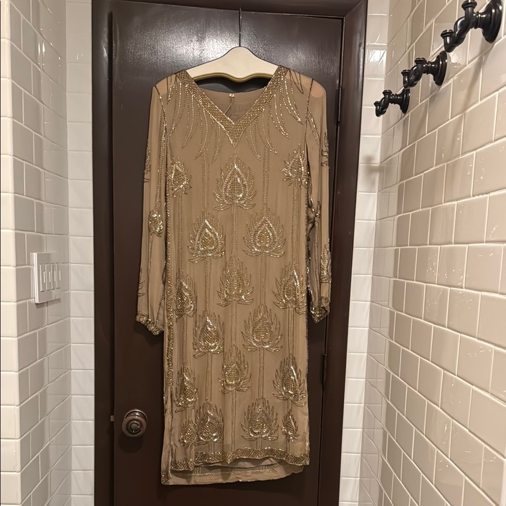 Vintage Hand-Beaded Gold Evening Dress • Heavily Embellished • Size S